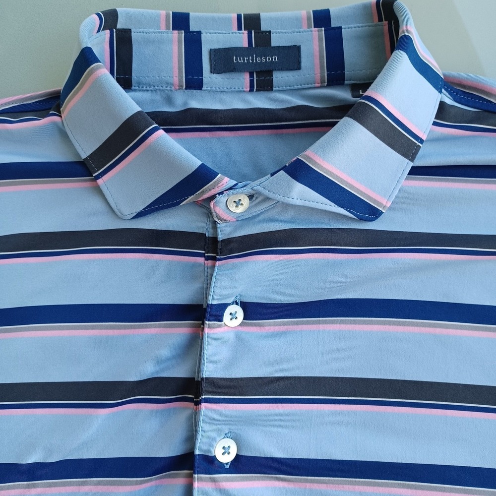 Turtleson Mens Large Blue‎ Pink Striped Performance Golf Polo Shirt Short Sleeve